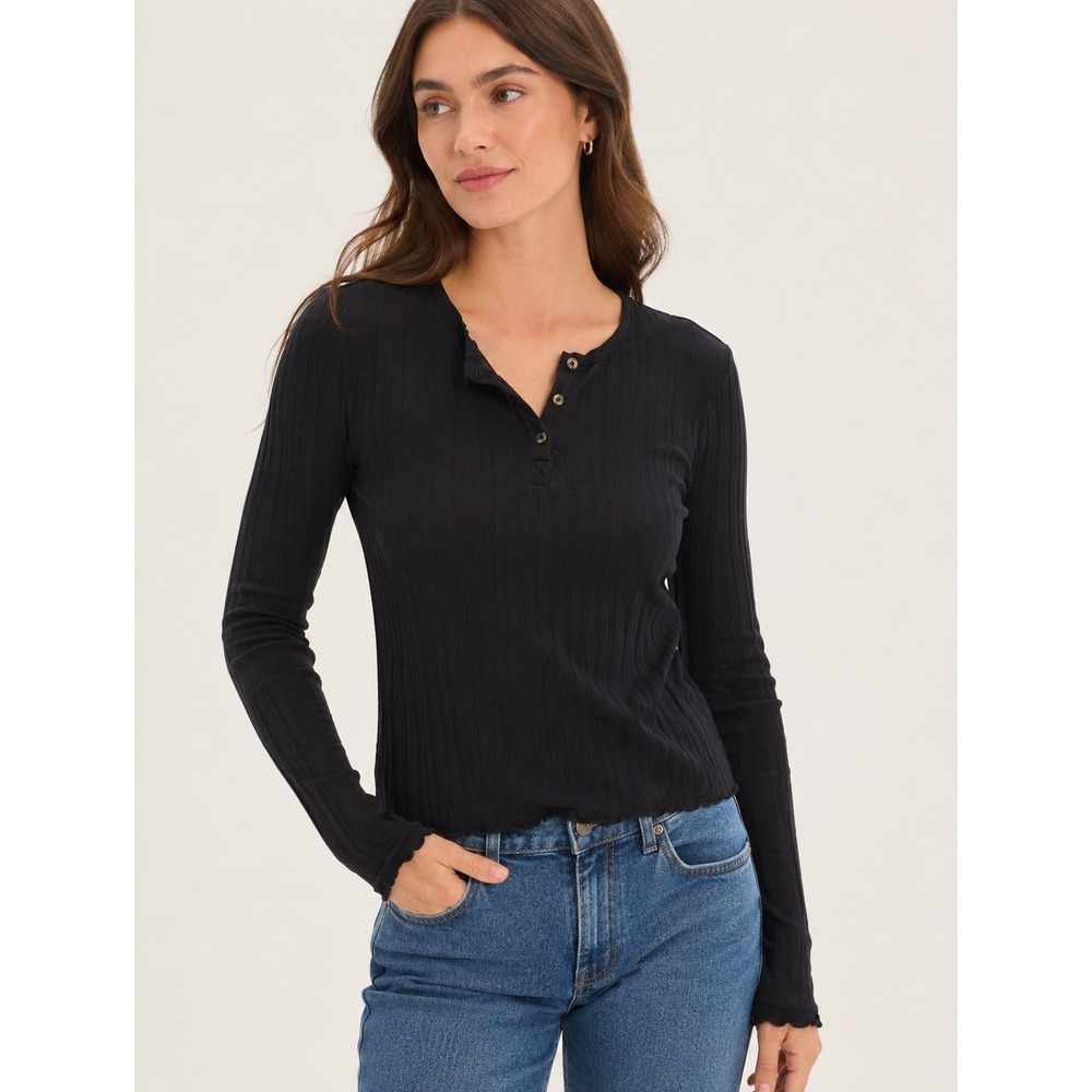 SheBird The Henley Black Ribbed‎ Long Sleeve Built-in Bra Top- Size 1 Small